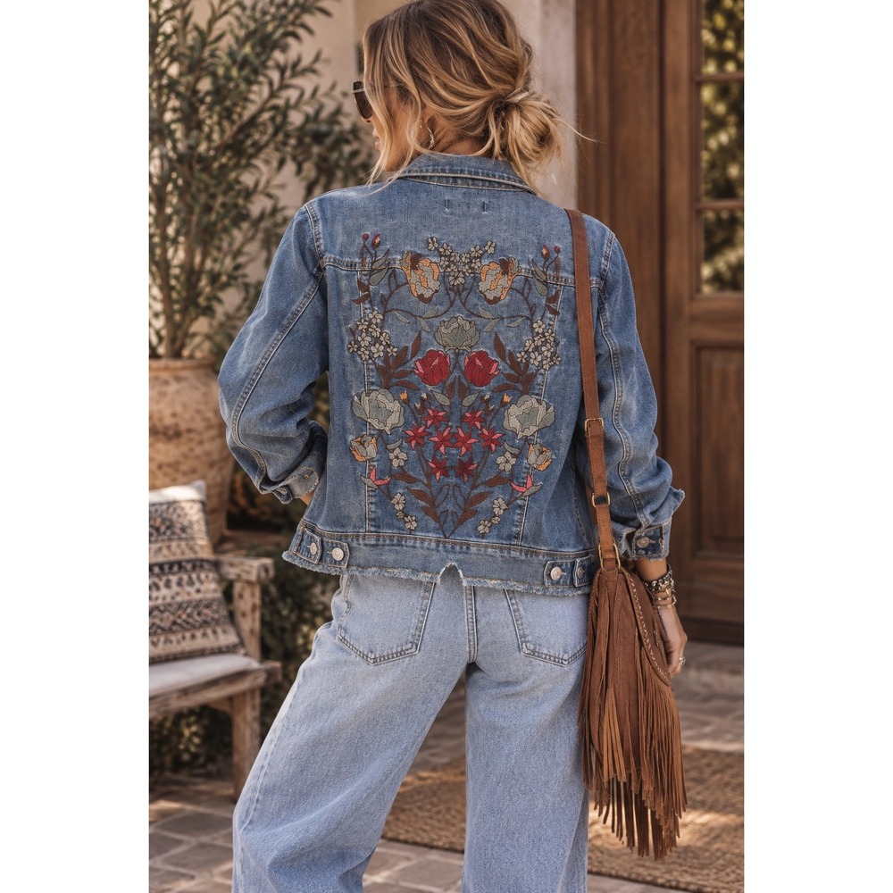 Nine West Jeans Floral Embroidered Denim Jacket Frayed Hem Blue Large